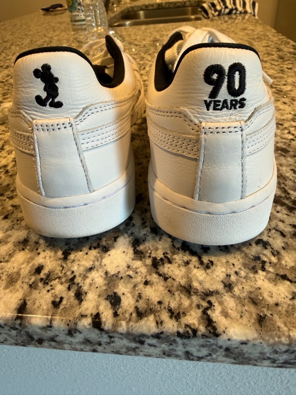 White Leather Sneakers with Black Embroidery - 90 Years Design